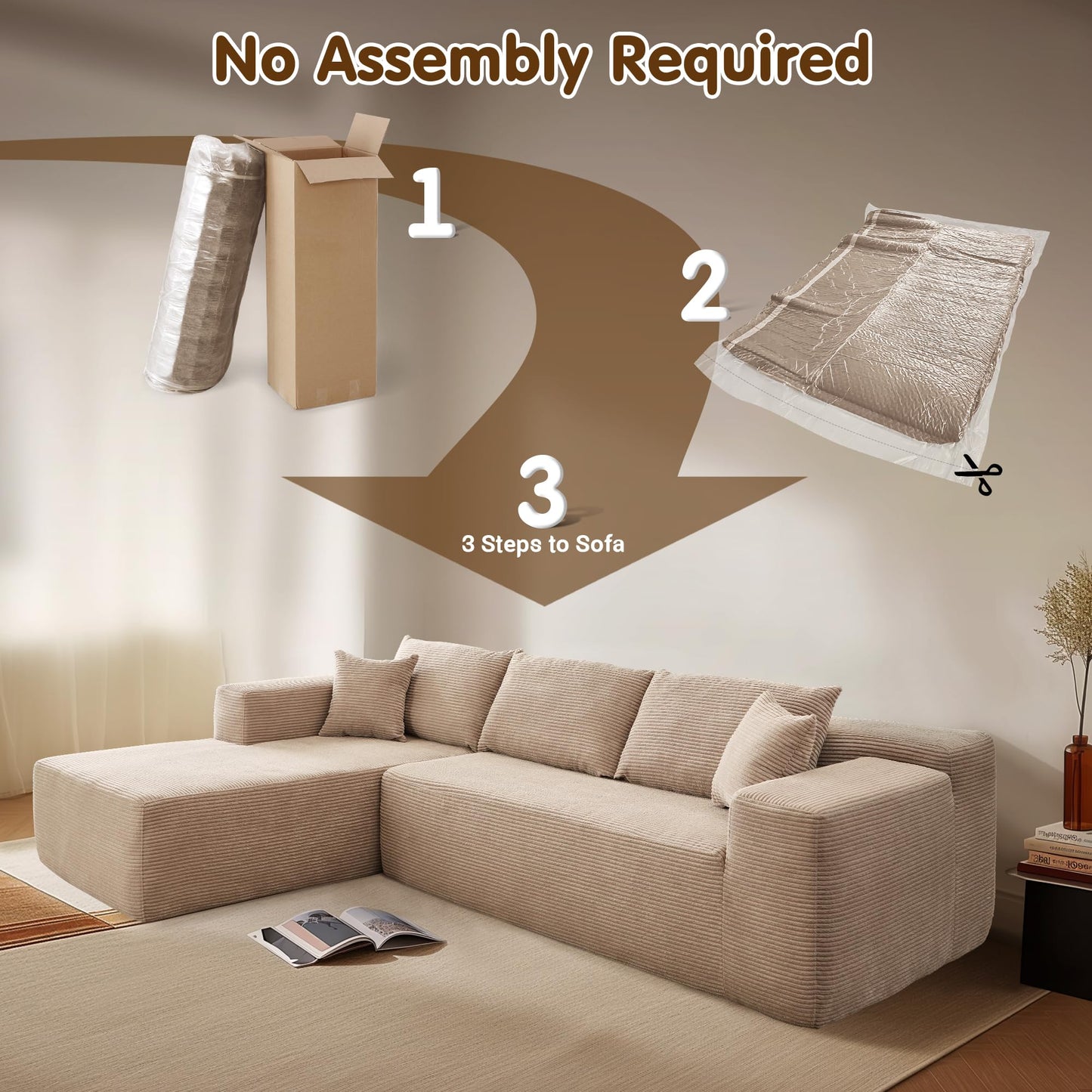 104" L-Shape Modular Couch with Chaise,Corduroy Fabric,No Assembly Required