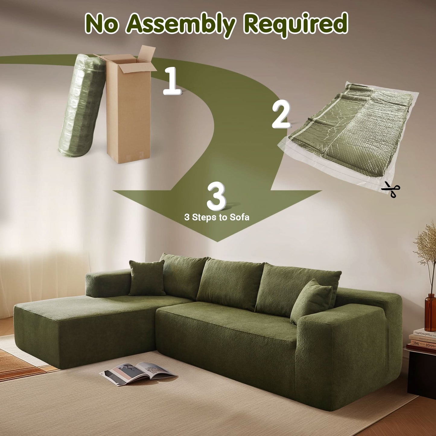 104" L-Shape Modular Couch with Chaise,Cloud Velvet Fabric,No Assembly Required