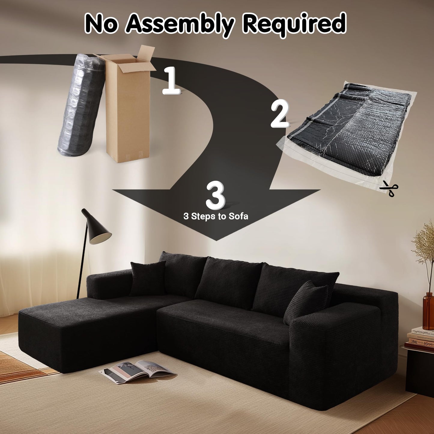 104" L-Shape Modular Couch with Chaise,Corduroy Fabric,No Assembly Required