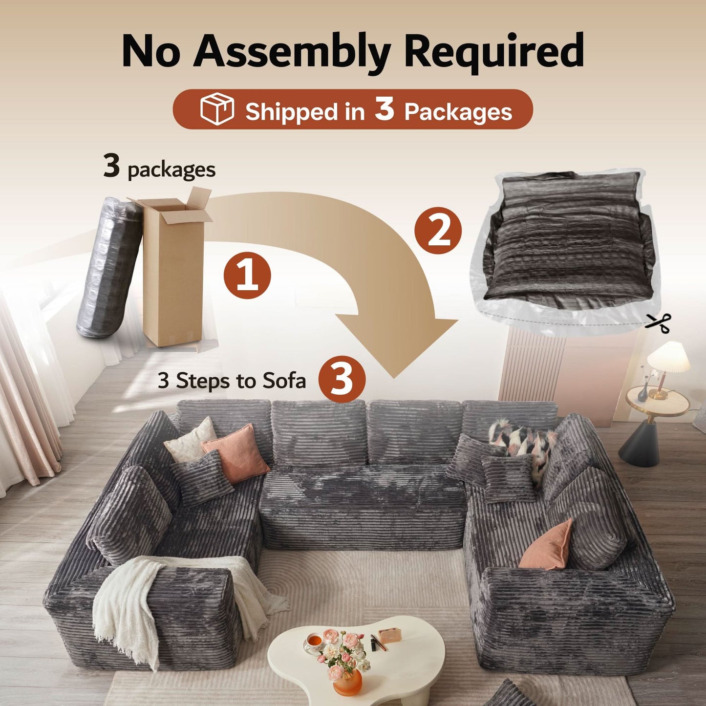 Modular Sectional Cloud Couch, Plush Corduroy Sofa with Memory Foam, No Assembly