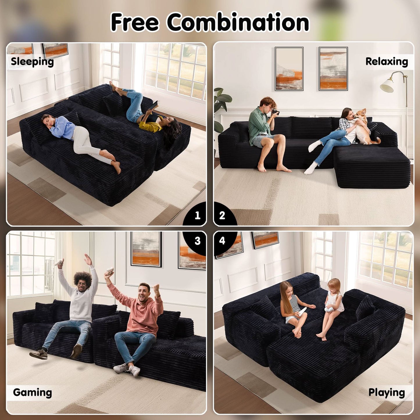 104" L-Shape Modular Couch with Chaise, Plush Corduroy Fabric, No Assembly Required
