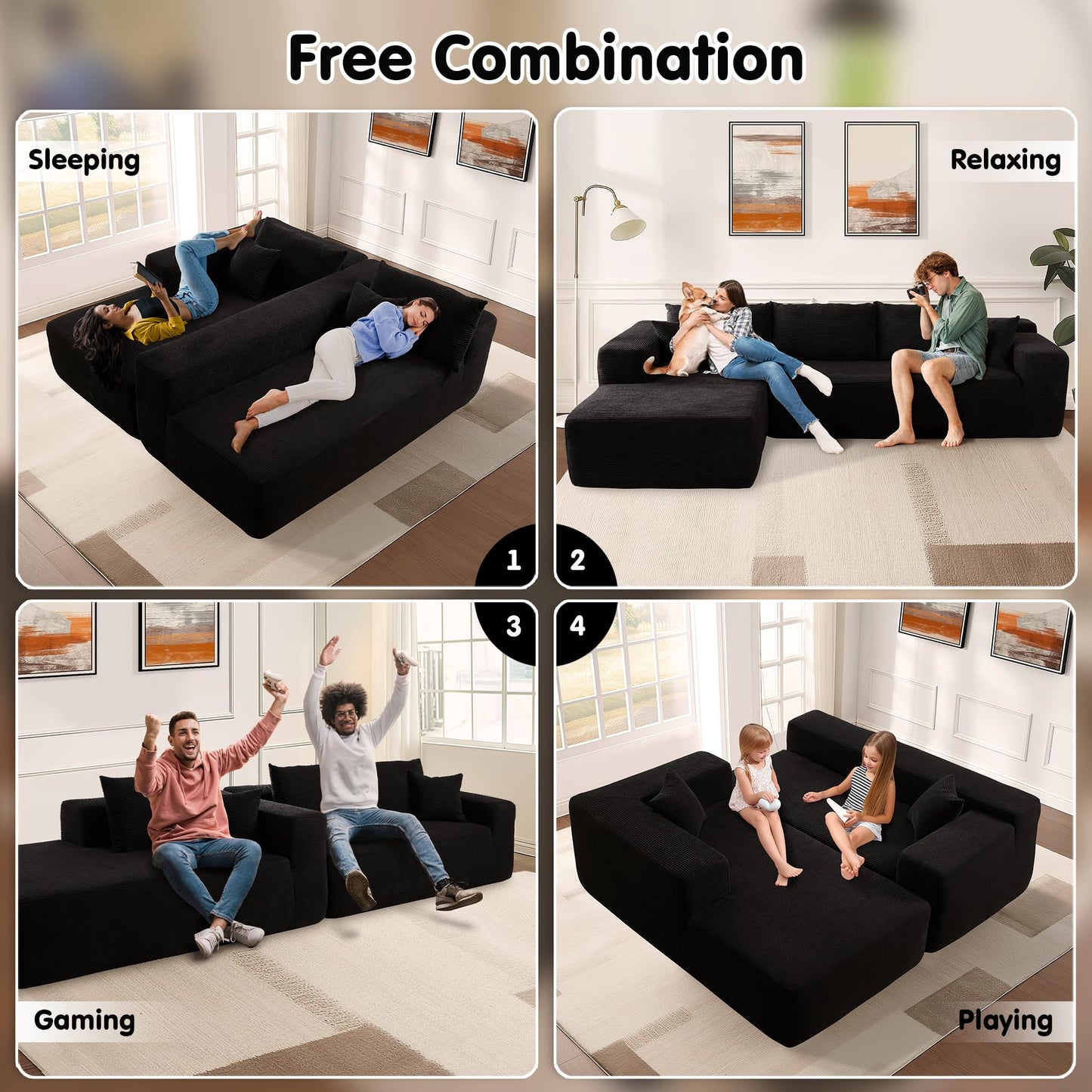 104" L-Shape Modular Couch with Chaise,Corduroy Fabric,No Assembly Required