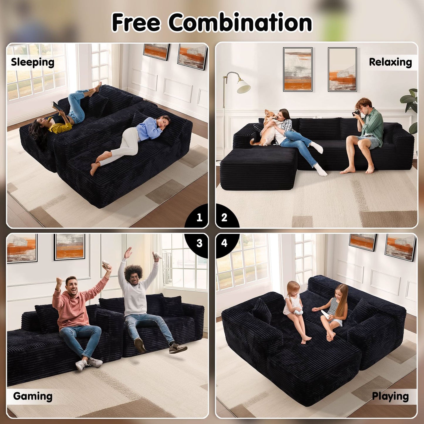 104" L-Shape Modular Couch with Chaise, Plush Corduroy Fabric, No Assembly Required