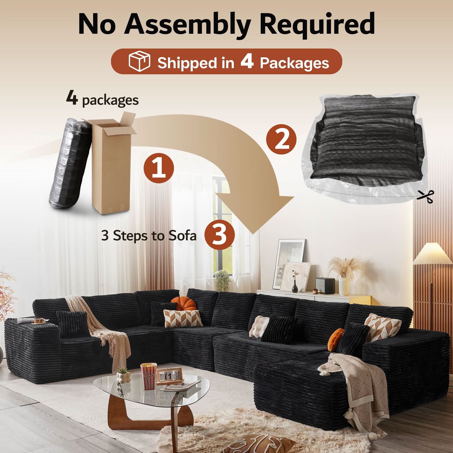 Modular Sectional Cloud Couch, Plush Corduroy Sofa with Memory Foam, No Assembly