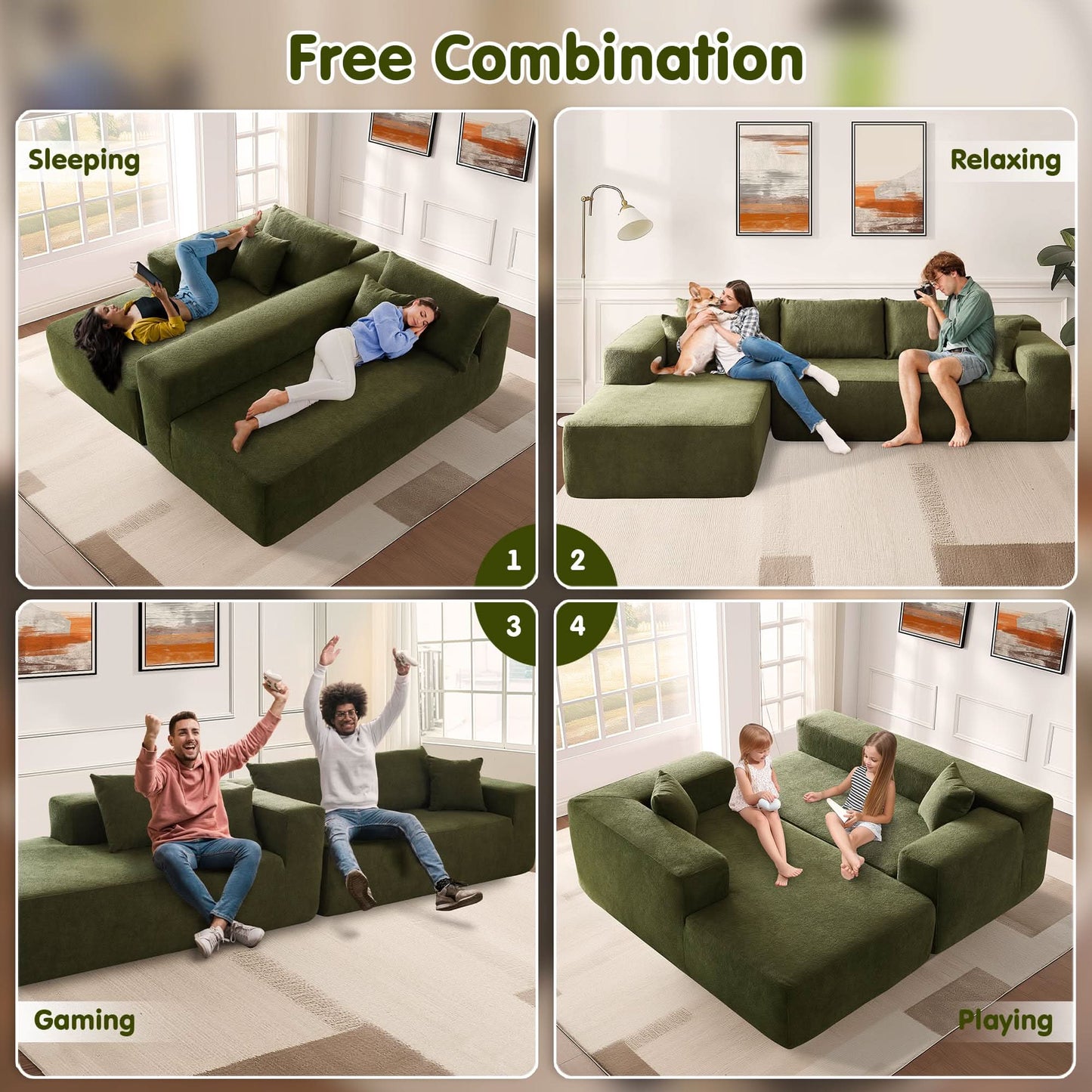104" L-Shape Modular Couch with Chaise,Cloud Velvet Fabric,No Assembly Required