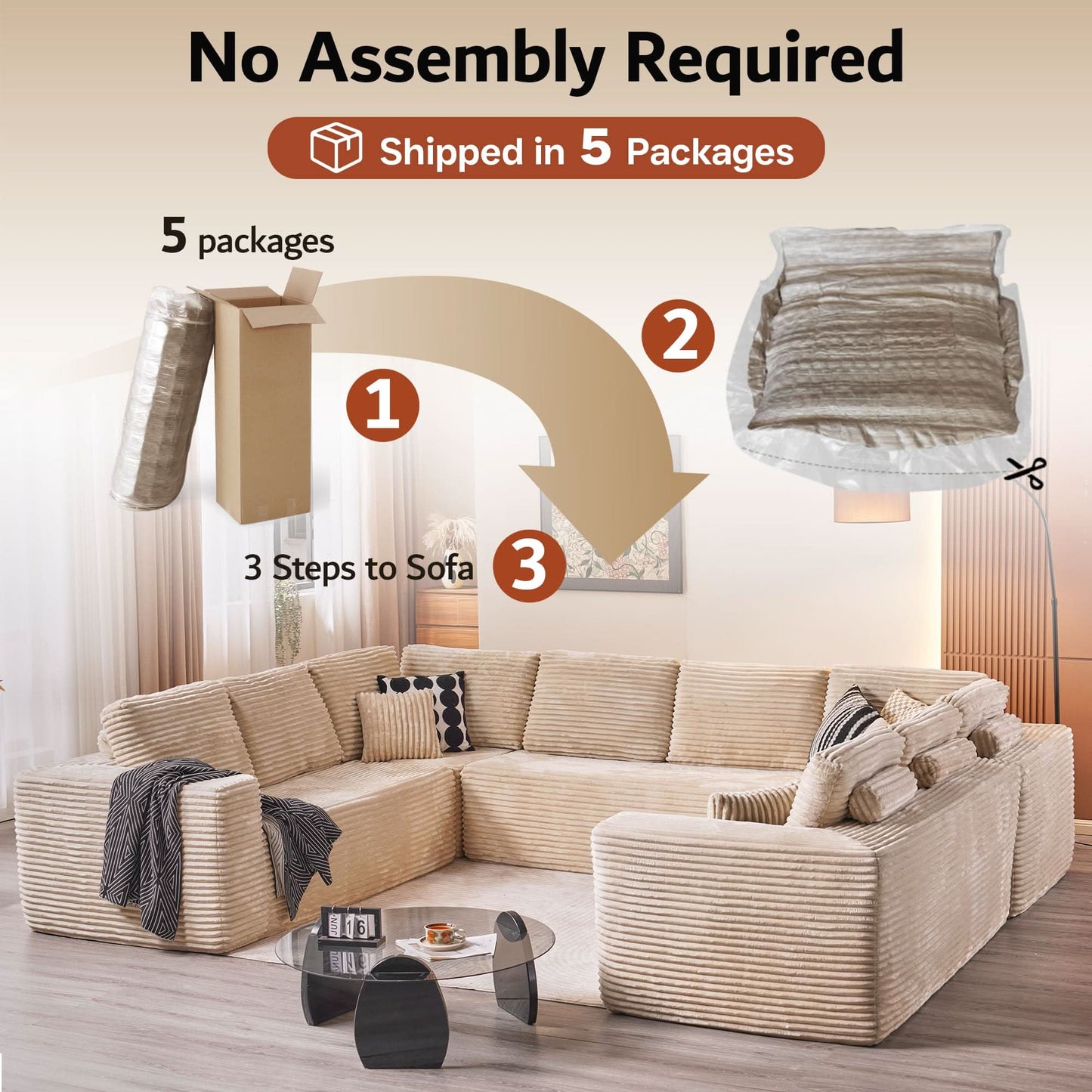Modular Sectional Cloud Couch, Plush Corduroy Sofa with Memory Foam, No Assembly