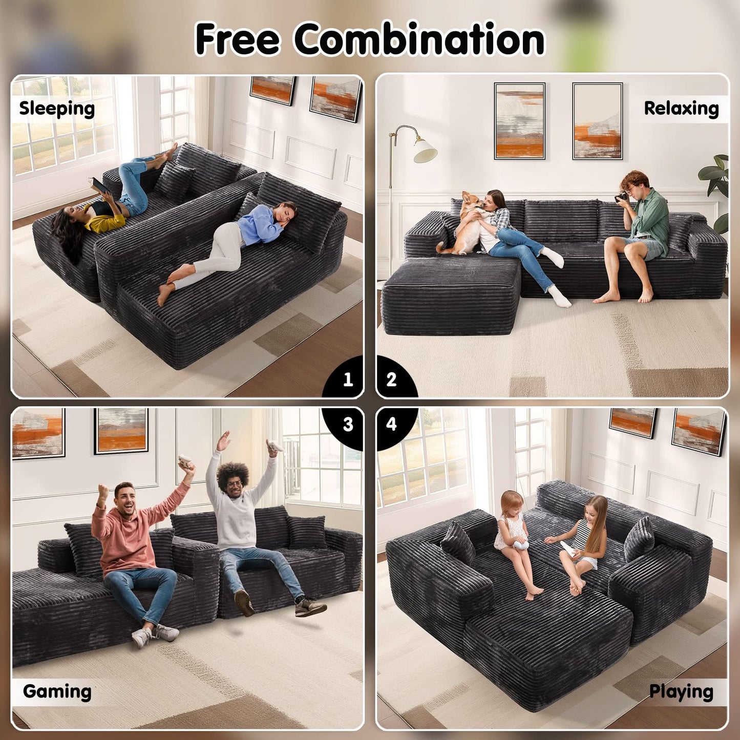 104" L-Shape Modular Couch with Chaise, Plush Corduroy Fabric, No Assembly Required