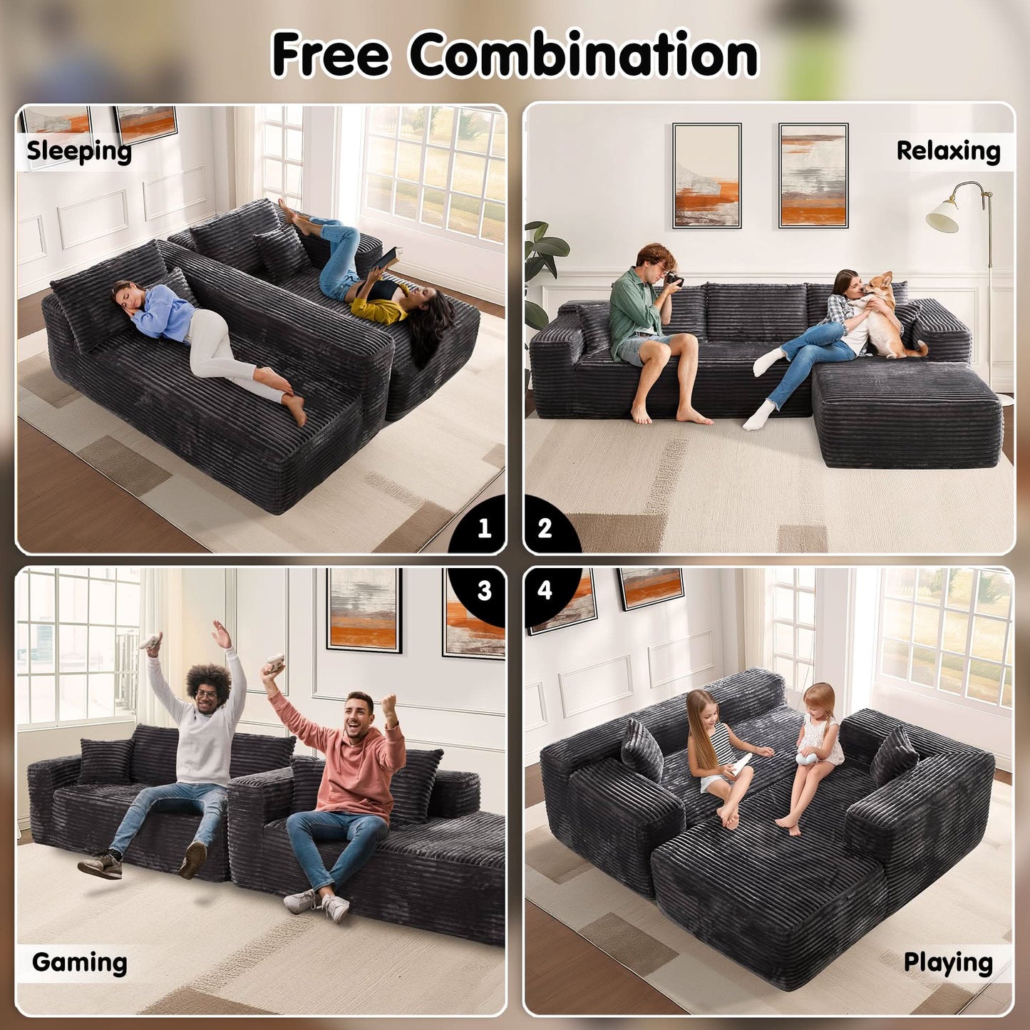 104" L-Shape Modular Couch with Chaise, Plush Corduroy Fabric, No Assembly Required