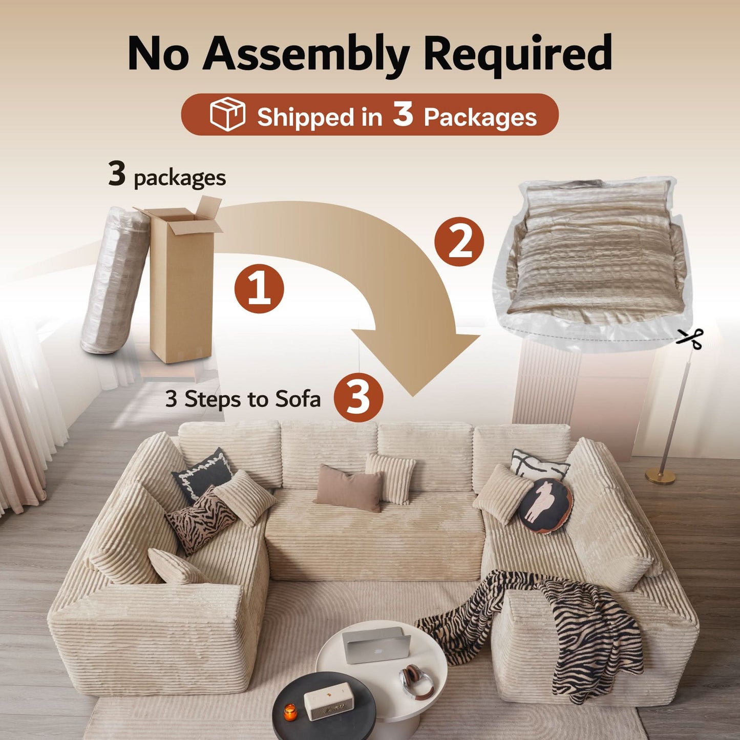 Modular Sectional Cloud Couch, Plush Corduroy Sofa with Memory Foam, No Assembly