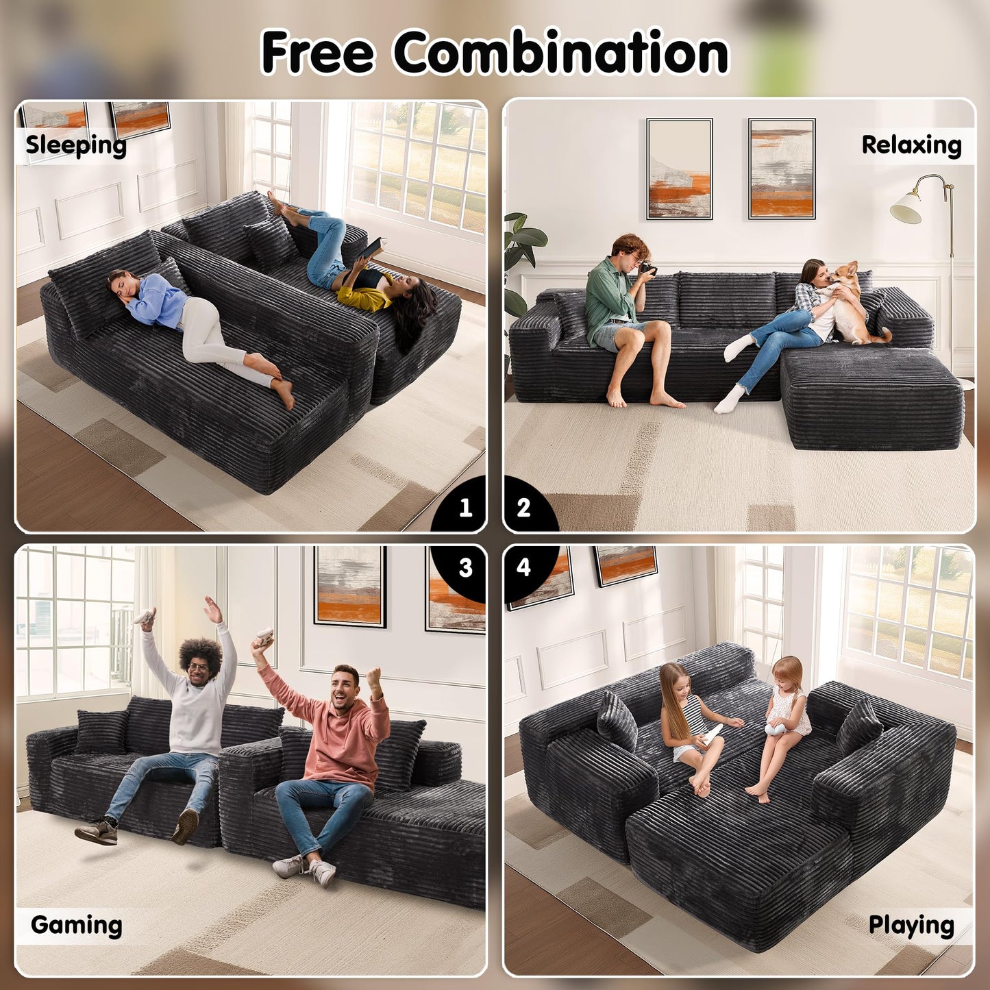 104" L-Shape Modular Couch with Chaise,Corduroy Fabric,No Assembly Required