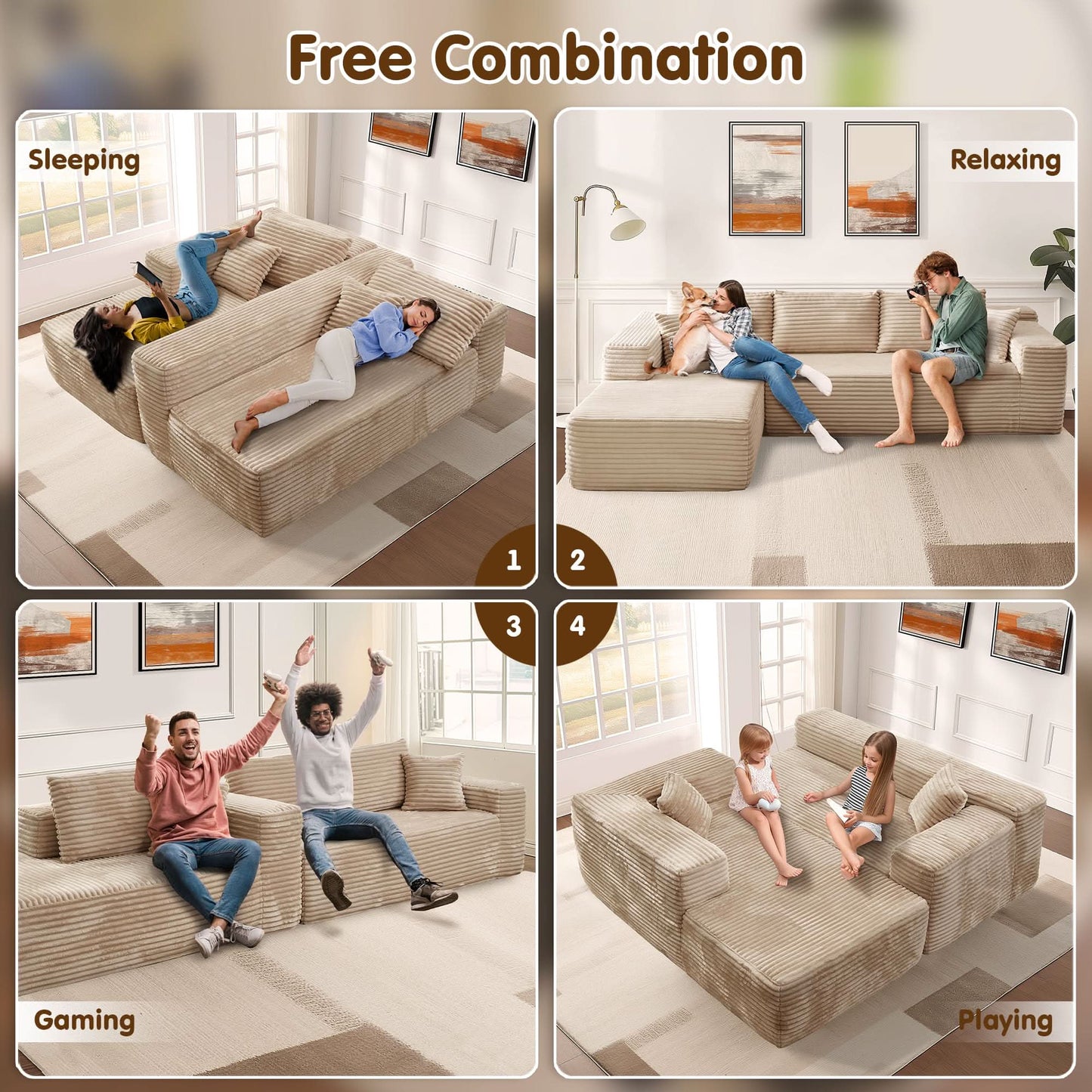 104" L-Shape Modular Couch with Chaise, Plush Corduroy Fabric, No Assembly Required