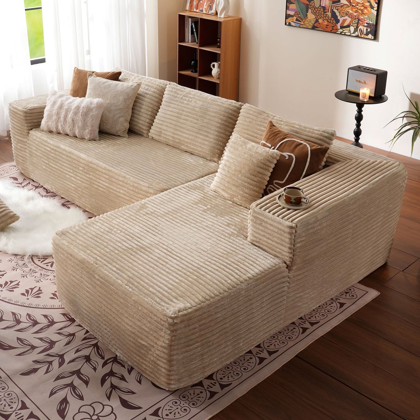 104" L-Shape Modular Couch with Chaise, Plush Corduroy Fabric, No Assembly Required