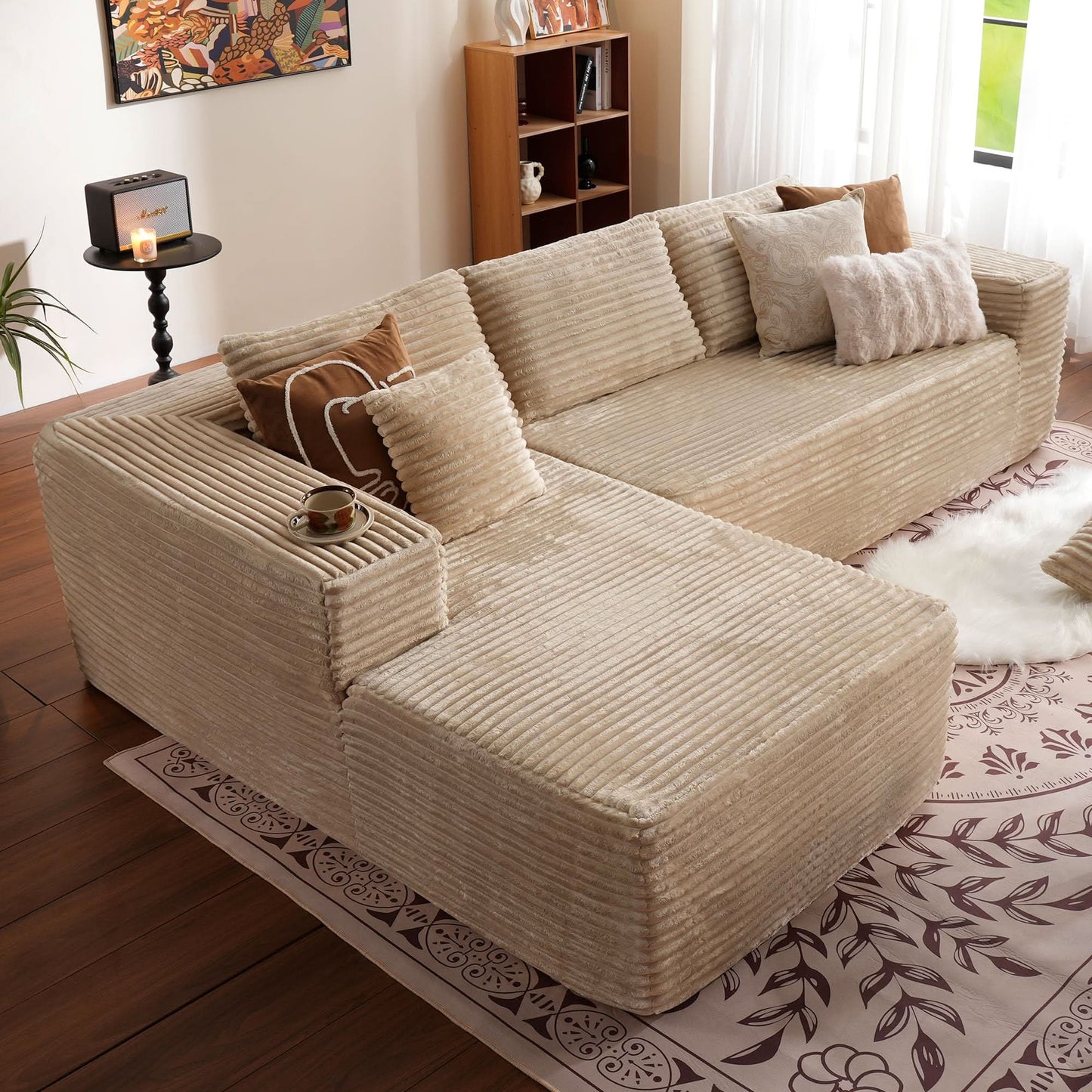 104" L-Shape Modular Couch with Chaise, Plush Corduroy Fabric, No Assembly Required