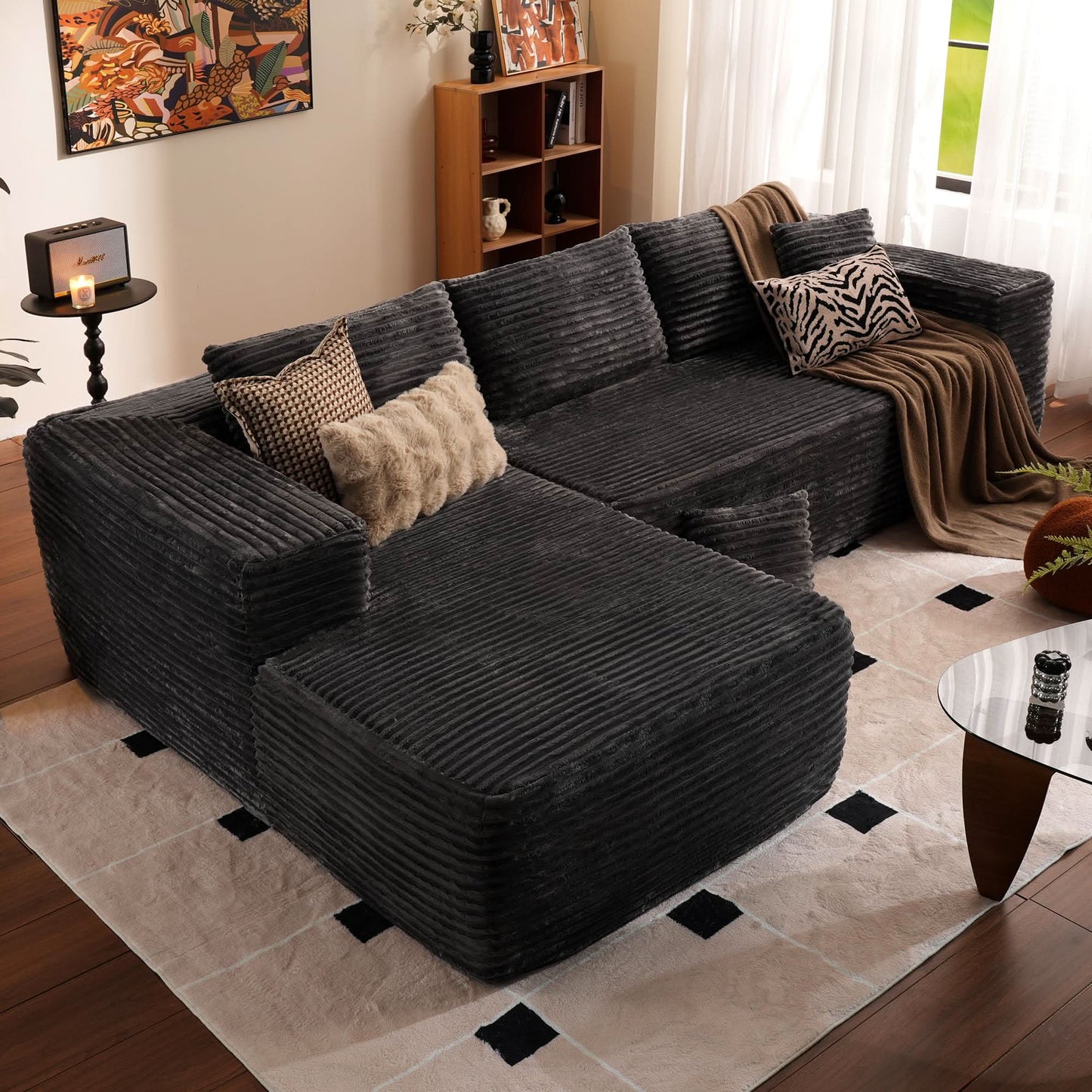 104" L-Shape Modular Couch with Chaise, Plush Corduroy Fabric, No Assembly Required