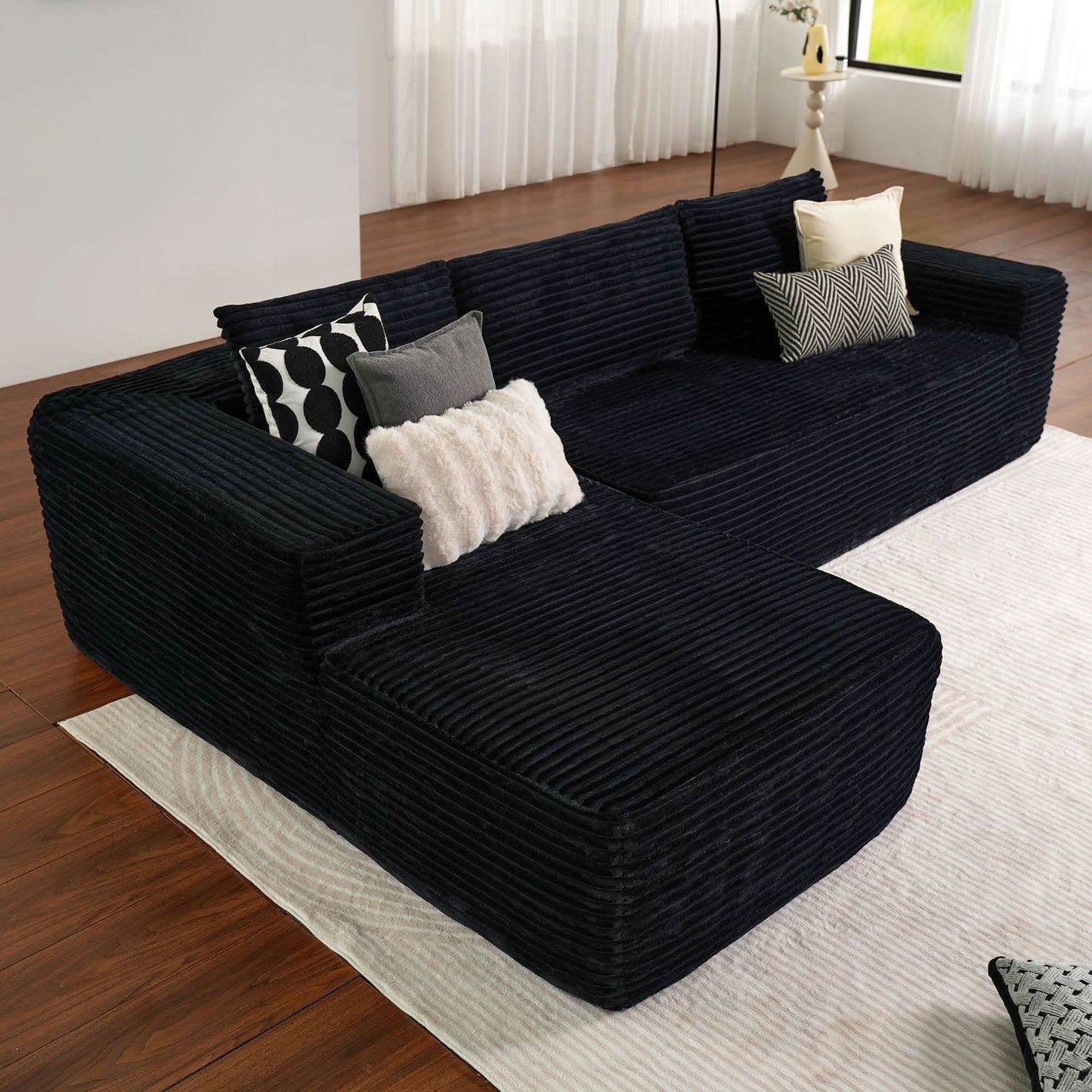 104" L-Shape Modular Couch with Chaise, Plush Corduroy Fabric, No Assembly Required