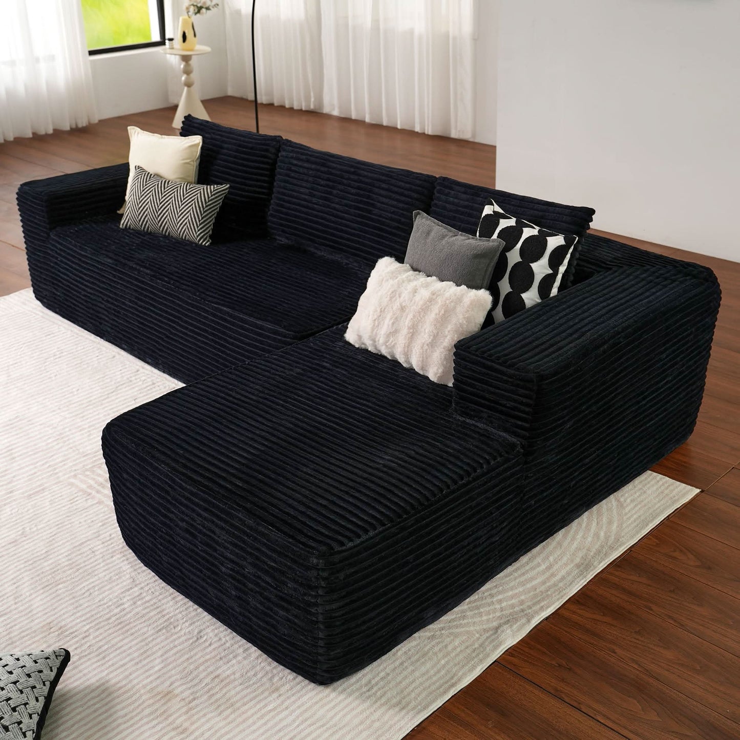 104" L-Shape Modular Couch with Chaise, Plush Corduroy Fabric, No Assembly Required