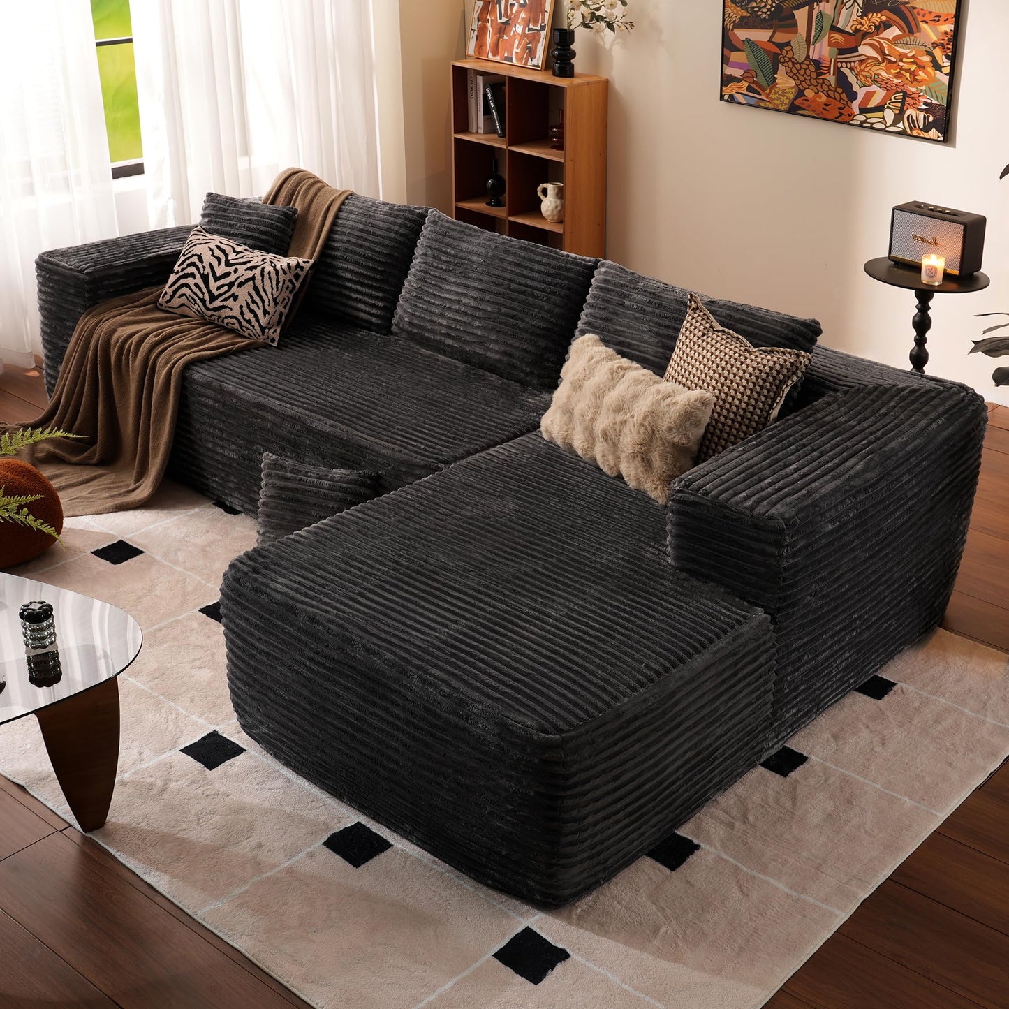 104" L-Shape Modular Couch with Chaise,Corduroy Fabric,No Assembly Required